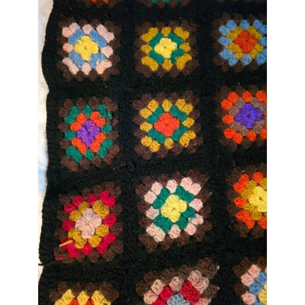 Vintage 1970s Handmade Grannysquare Colorful Hippie Throw Blanket Black